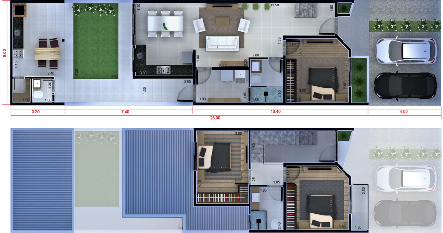 Plano de casa con dormitorio debajo6x25