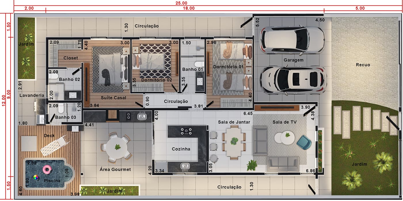 Plano de interior con pared de cristal12x25
