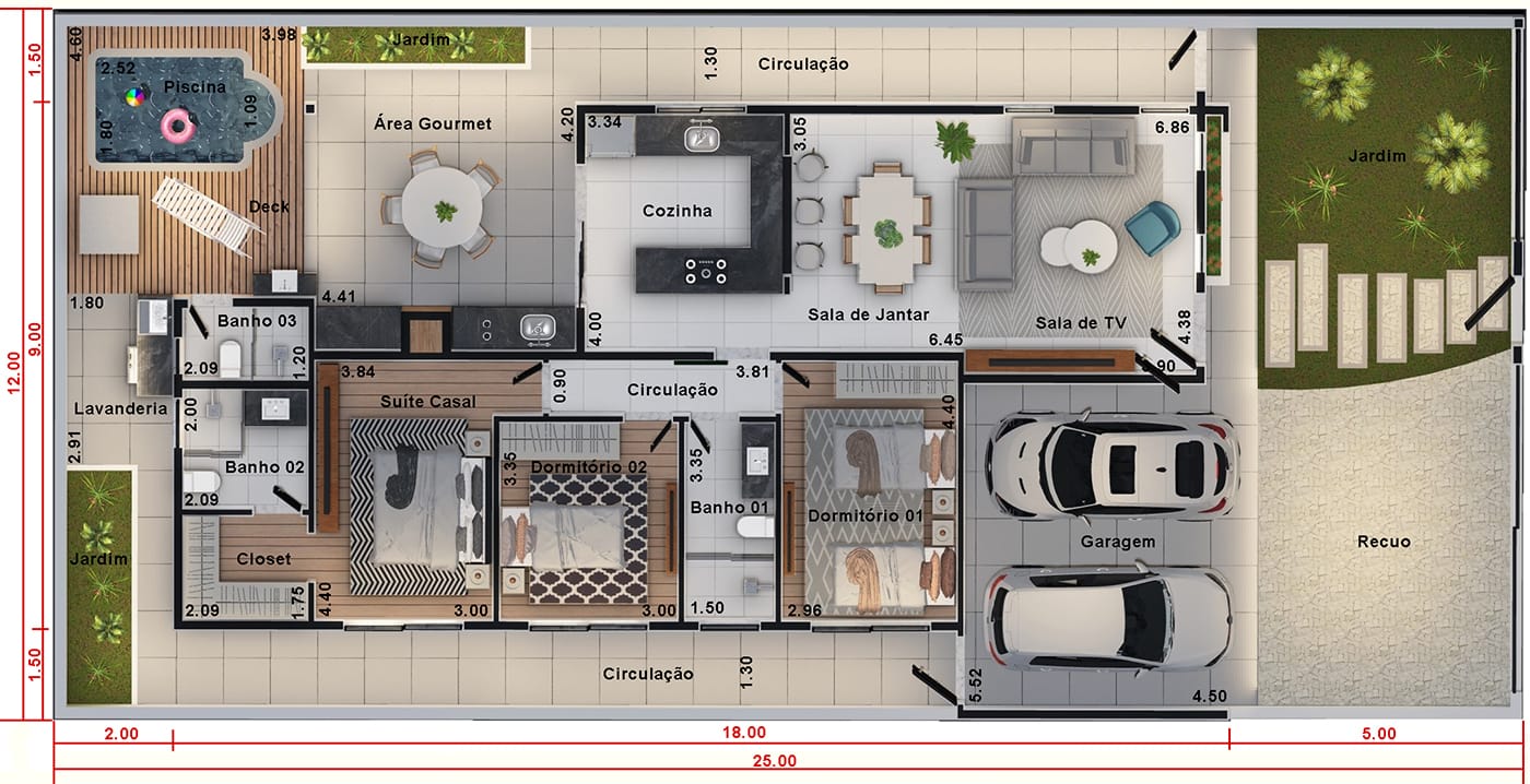 Plano de interior con pared de cristal12x25